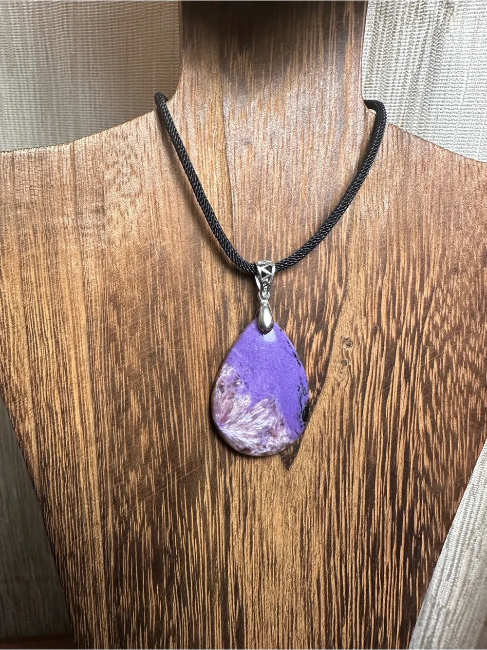 Charoite Teardrop Necklace on Sterling Silver Bail and Black Rope